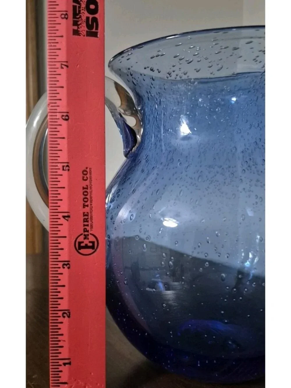 Tag LTD Cobalt Blue Bubble Glass Pitcher Hand Blown Clear Handle 96 oz.